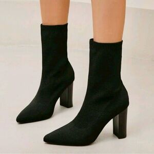 SOCK BOOTS, NWOT, IN BLACK KNIT WITH 3” BLOCK HEEL. PULL-ON STYLE, POINTED TOE.